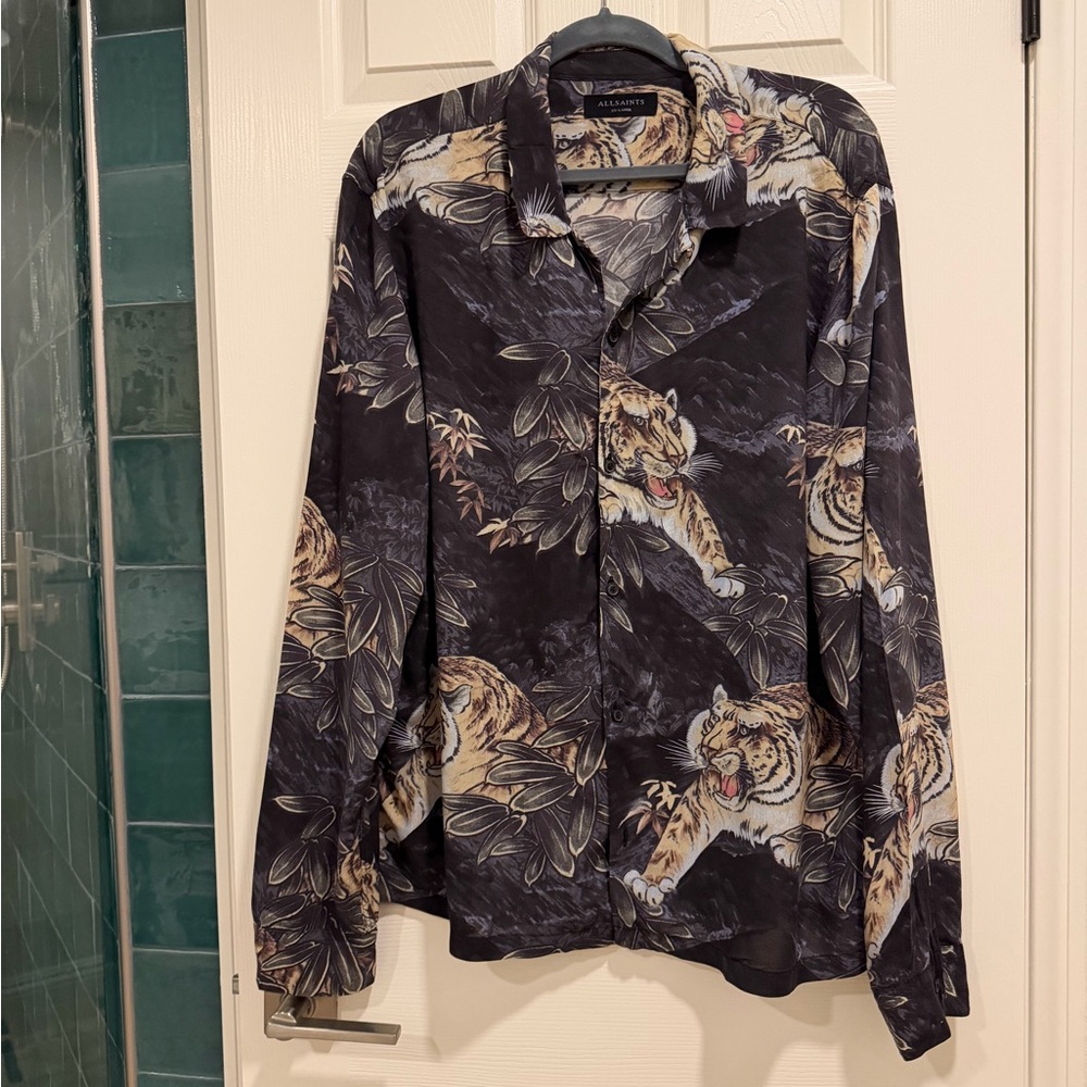 AllSaints Tiger Motif Shirt in Black, Tan and Cream
